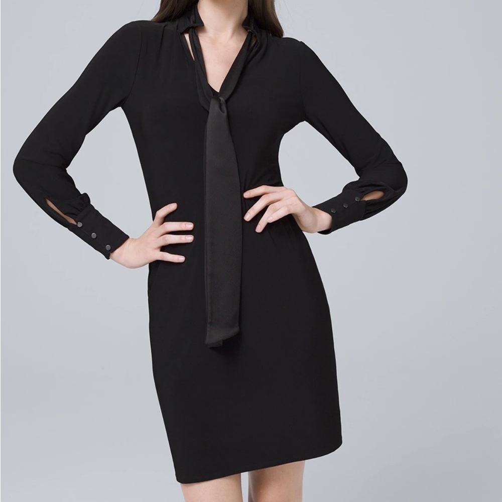 White House Black Market Long Sleeve Shift Dress Size Small Tie-Neck Black